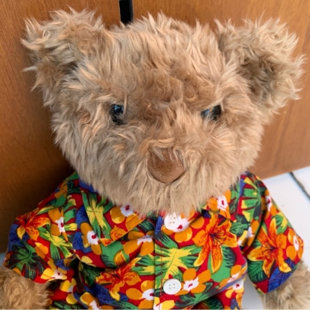 Build-A-Bear Bear, tan curly fur and nose, black smooth paw‎ pads. Floral shirt